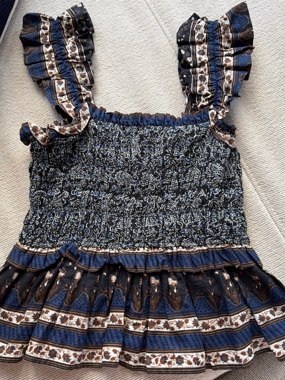 Sea New York Smocked Ruffled Blue Floral Tank Top